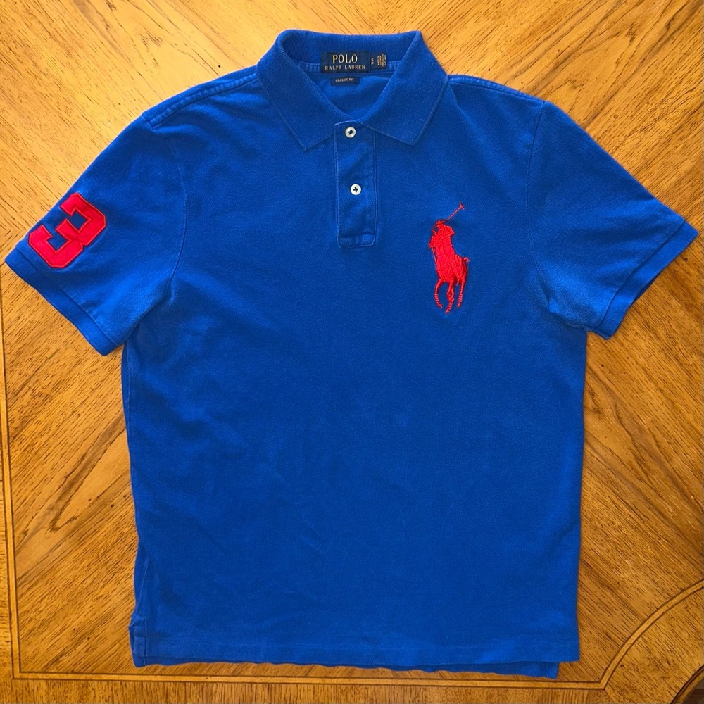 Polo Ralph Lauren Polo Shirt Mens Small Blue Custom Fit Big Pony #3 Sleeve Logo